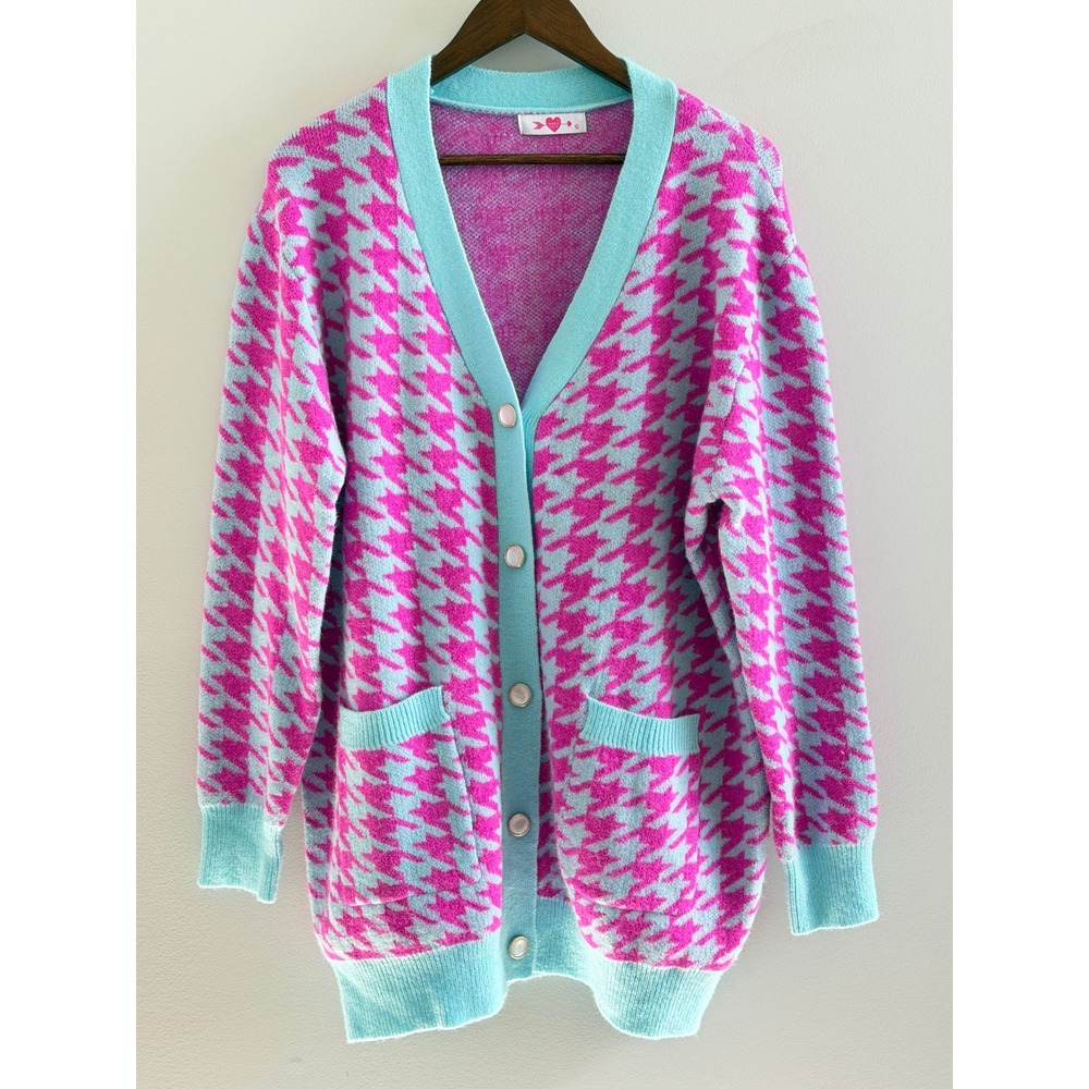 Buddy Love Pink Aqua Houndstooth The Twiggy Cardigan Pearl Buttons M/L